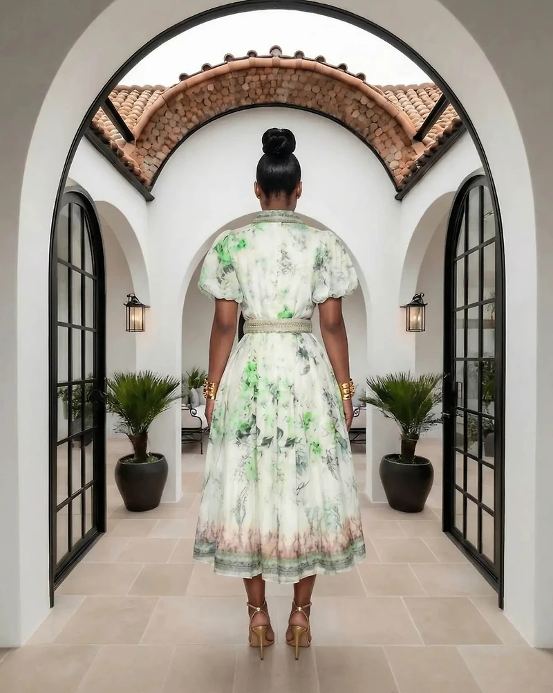 Fantasy Off-White Green Print Belted Midi Dress