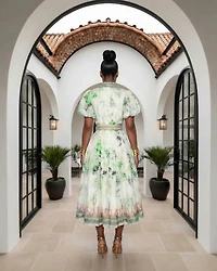 Fantasy Off-White Green Print Belted Midi Dress