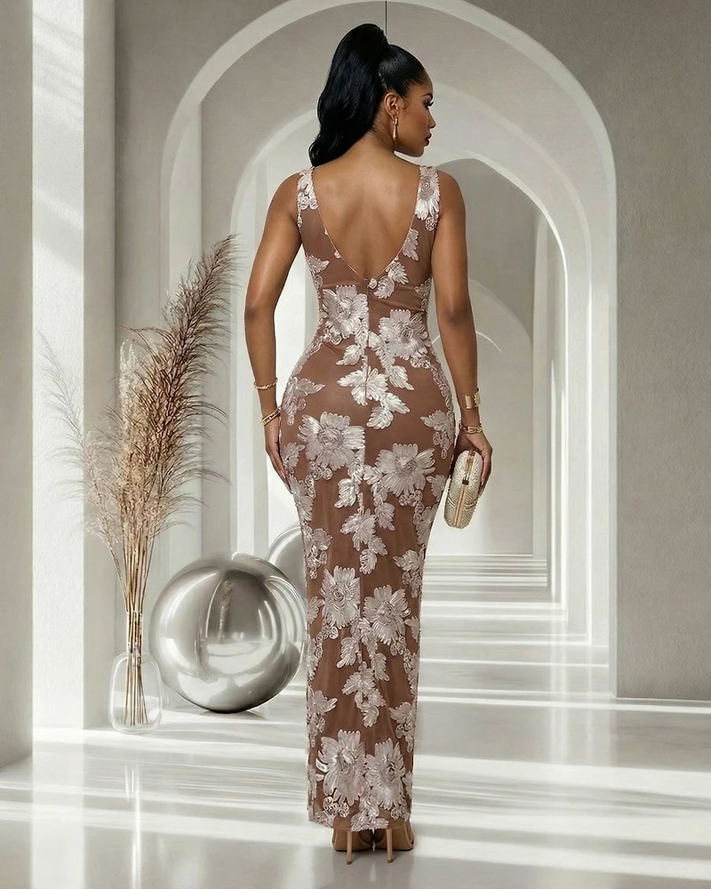 Lola Mocha Mesh White Appliqué Overlay Maxi Dress