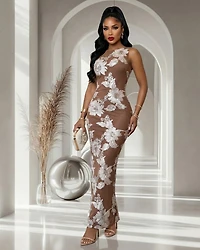 Lola Mocha Mesh White Appliqué Overlay Maxi Dress