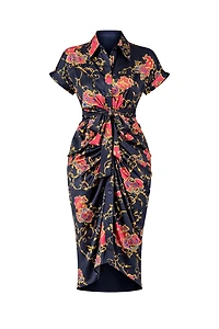 Gustave Black Floral Print Draped Silky Midi Dress