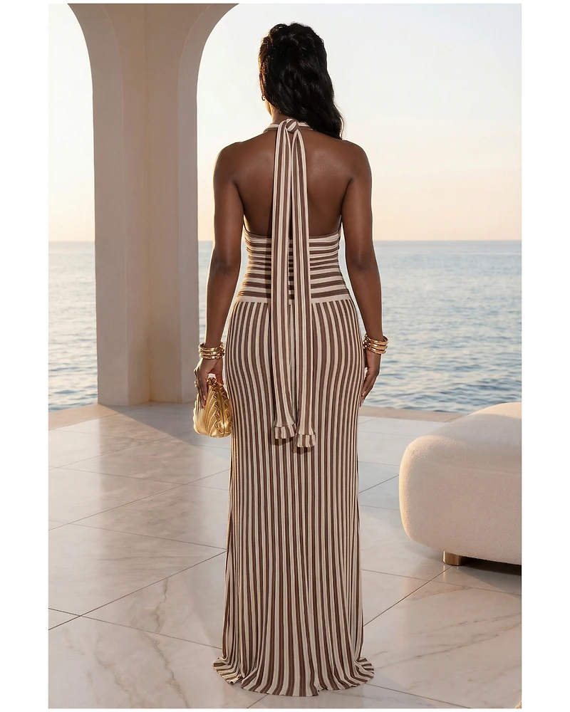 Sollane Mocha White Stripes Halter Maxi Dress (SHIPS 3/11)