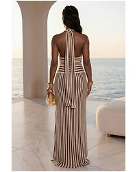 Sollane Mocha White Stripes Halter Maxi Dress (SHIPS 3/11)