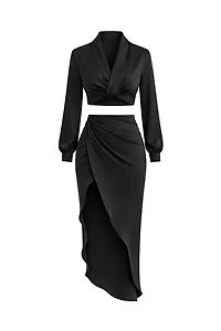 Larrine Black Top & Slit Skirt Satin Set