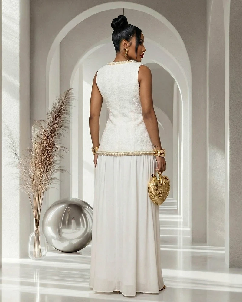 Suriname White Pearl Chain Tweed Drop Waist Maxi Dress