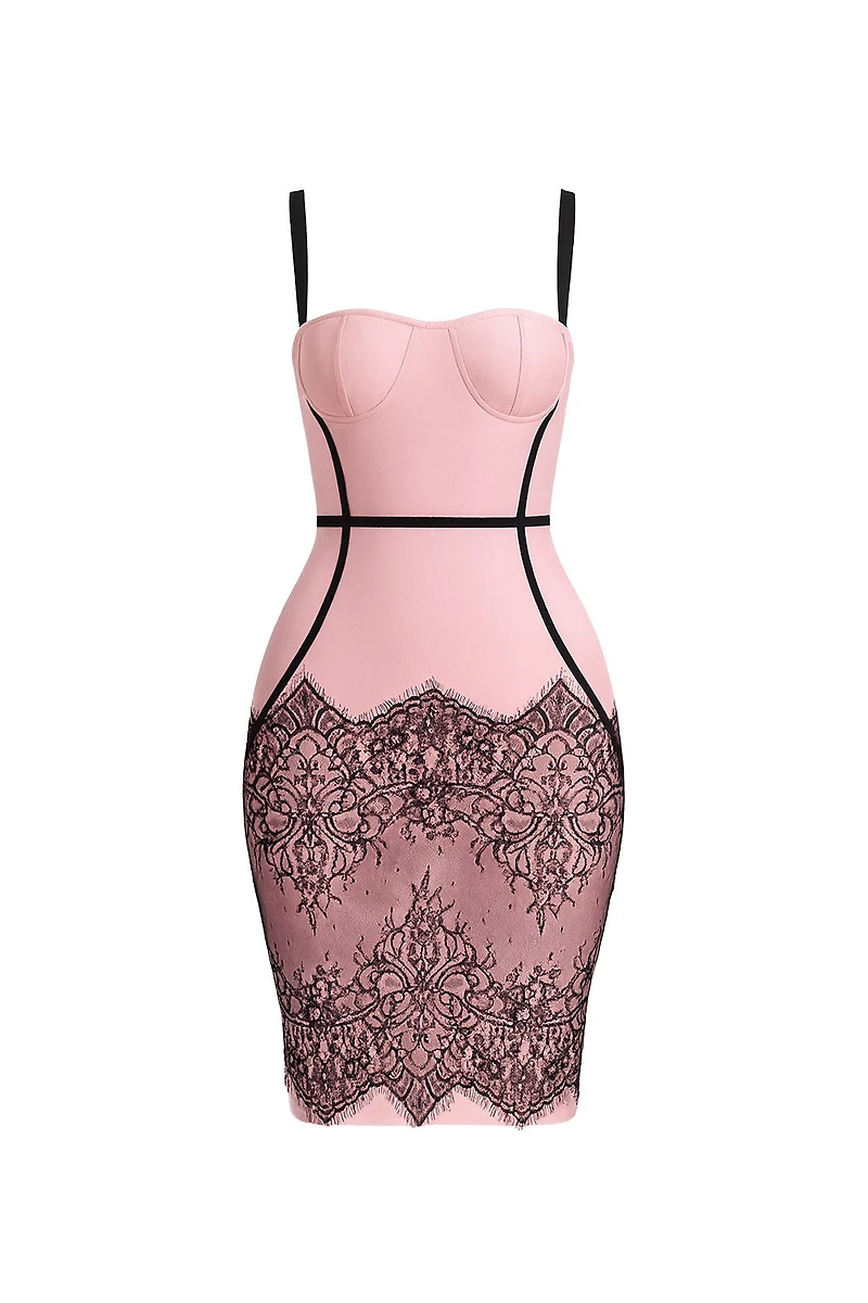 Earvinna Pink Black Trim Lace Hem Bandage Dress