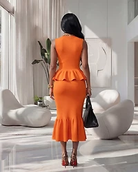 Myna Orange Knit Peplum Top & Skirt Set (SHIPS 4/17)