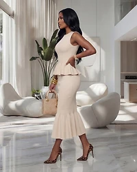 Myna Beige Knit Peplum Top & Skirt Set (SHIPS 4/17)