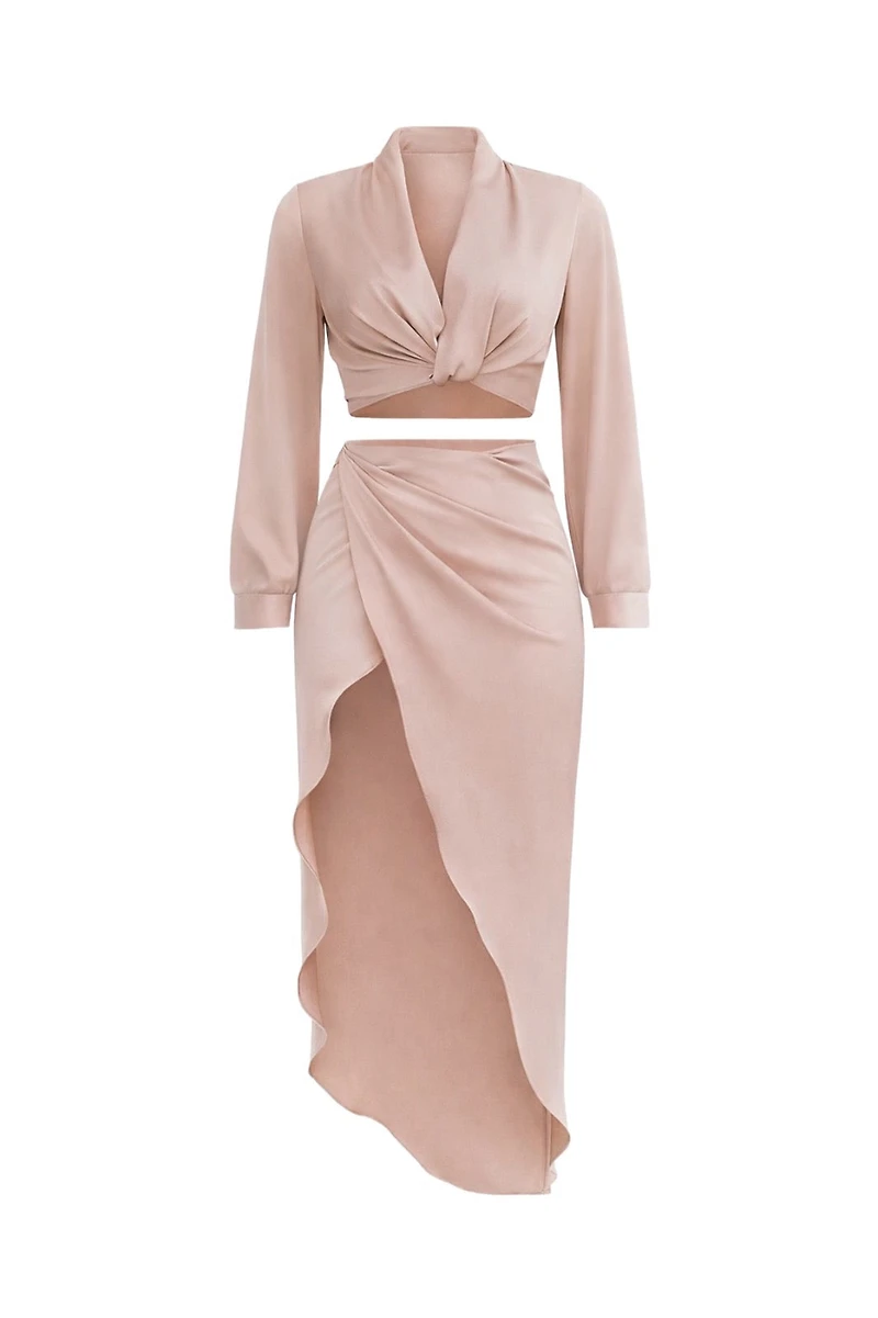 Larrine Beige Top & Slit Skirt Satin Set