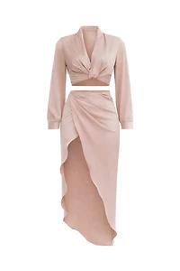Larrine Beige Top & Slit Skirt Satin Set