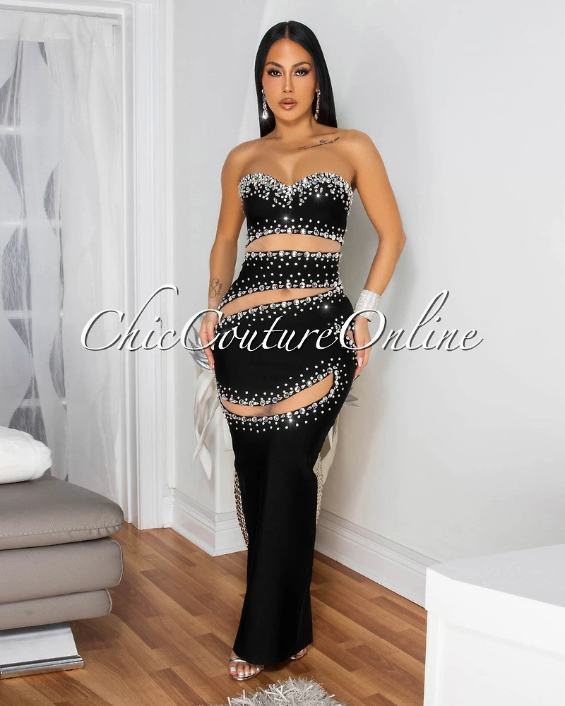 Regala Black Rhinestones Cut-Out Strapless Maxi Dress