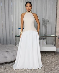 Andrina Nude Ivory Halter Maxi Dress