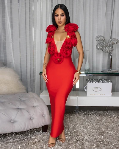 Jacara Red 3D Flowers Bandage Maxi Dress (9/2025)