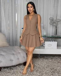 Arlene Nude Button Pleated Skater Dress