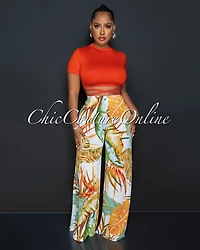 Yalena Orange Crop Top & Leaf Print Wide Pants Set