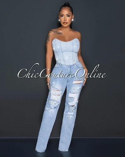 *Salina Light Denim Rhinestones Distressed Jeans
