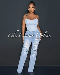 *Salina Light Denim Rhinestones Distressed Jeans