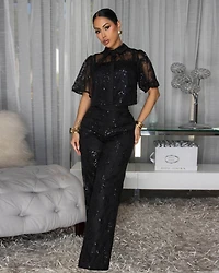 Gilda Black Sequins Accents Mesh Top & Pants Set