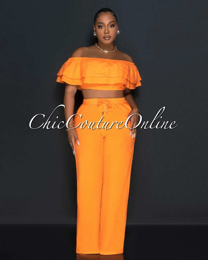 Yuri Orange Ruffle Crop Top & Wide Pants Set
