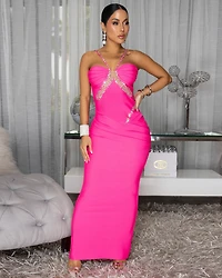 Hivera Hot Pink Rhinestones Bust Trim Bandage Maxi Dress