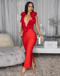 Jacara Red 3D Flowers Bandage Maxi Dress (9/2025)