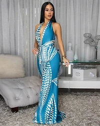 Analia Teal Cream Silky Halter Maxi Dress
