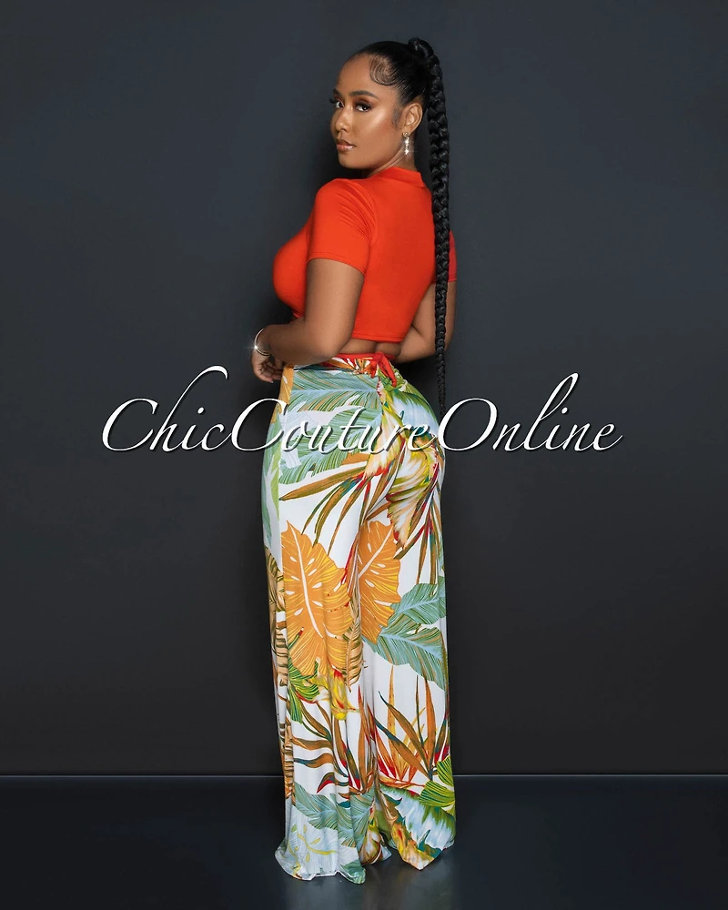 Yalena Orange Crop Top & Leaf Print Wide Pants Set