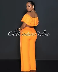 Yuri Orange Ruffle Crop Top & Wide Pants Set