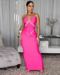 Hivera Hot Pink Rhinestones Bust Trim Bandage Maxi Dress