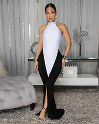 Chelley White Black Silhouette Halter Maxi Dress
