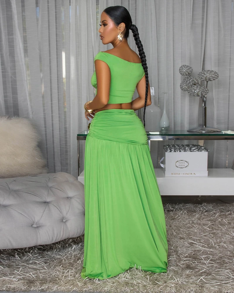Venezia Green Gold Broach Top & Maxi Skirt Set