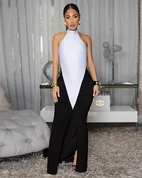 Chelley White Black Silhouette Halter Maxi Dress