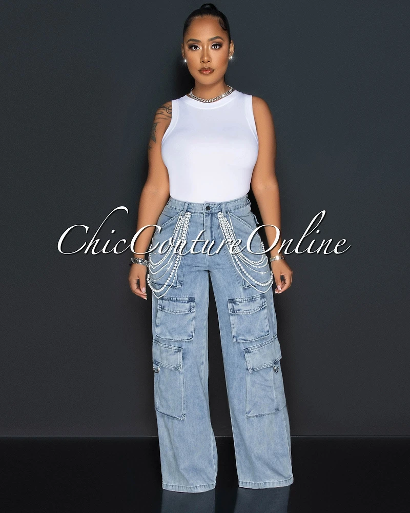 Zana Light Denim Pearl Fringe Wide Cargo Jeans