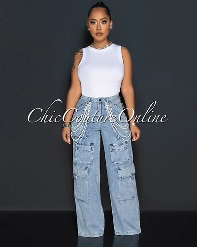 Zana Light Denim Pearl Fringe Wide Cargo Jeans