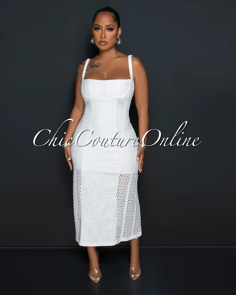 *Oralia Off-White Crochet Sides Midi Dress