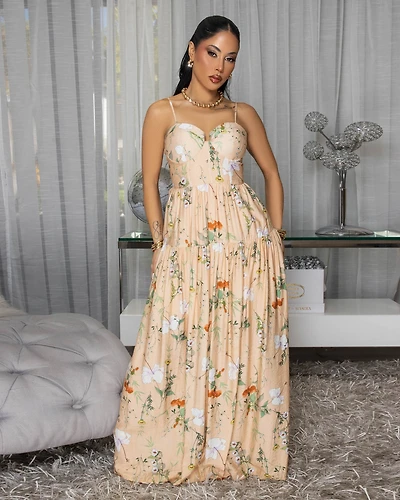Kaybella Nude Floral Print Tiered Maxi Dress (SHIPS 3/17)