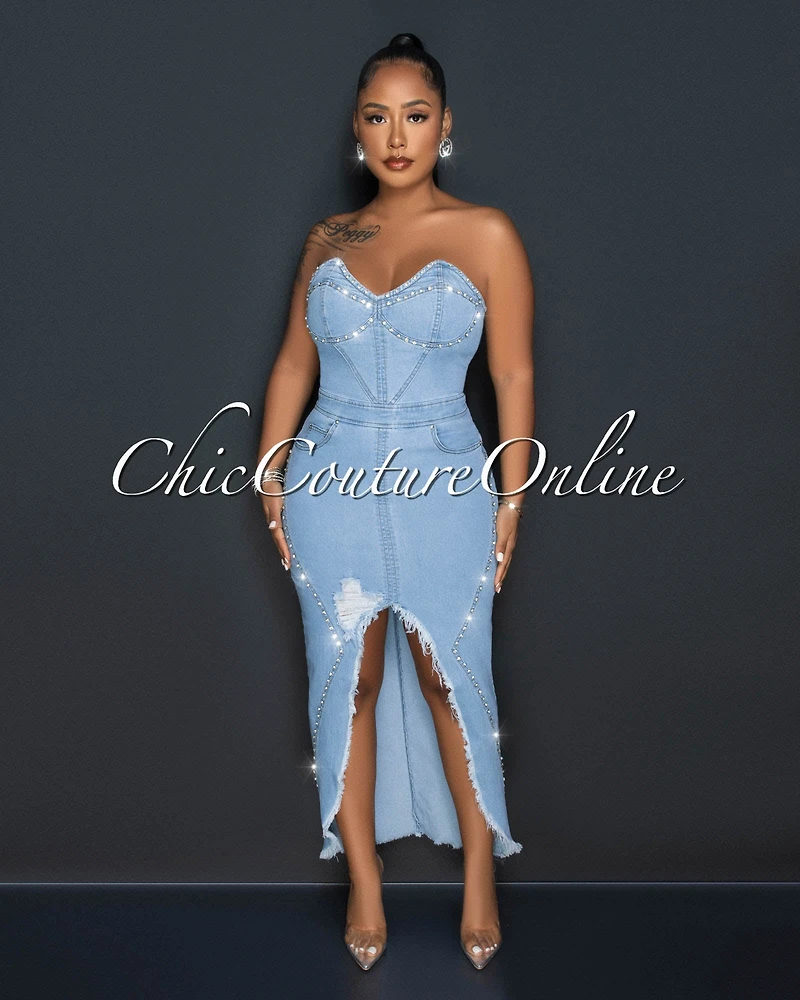*Debora Light Denim Rhinestones Front Slit Maxi Dress