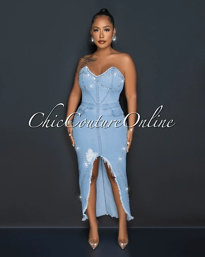 *Debora Light Denim Rhinestones Front Slit Maxi Dress