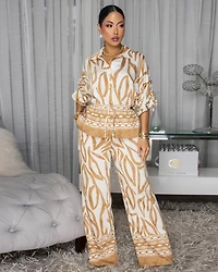 Kirsty Taupe Ivory Top & Pants Set