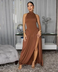 Usarie Brown Front Slit Maxi Dress