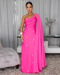 Olandria Hot Pink Rhinestones Accent Train Maxi Dress