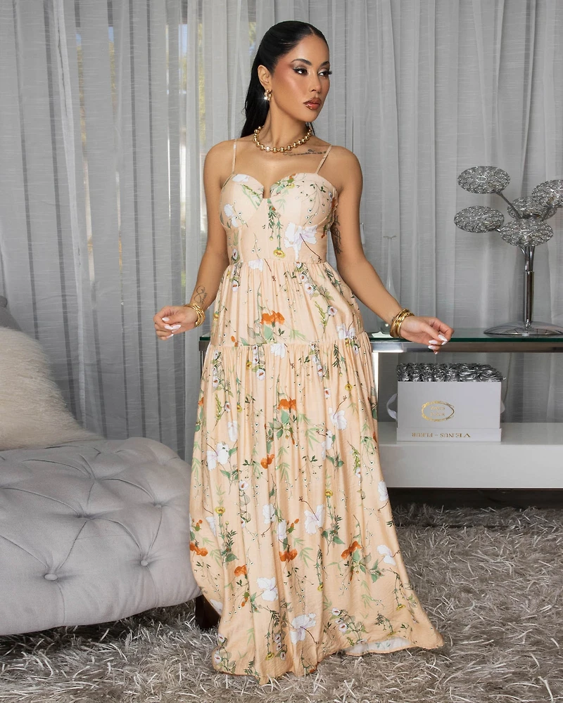 Kaybella Nude Floral Print Tiered Maxi Dress (SHIPS 3/17)