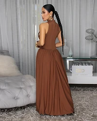 Usarie Brown Front Slit Maxi Dress