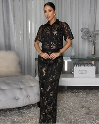 Gilda Black Gold Sequins Accents Mesh Top & Pants Set