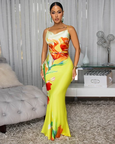 Francisca Yellow Multi-Color Floral Print Silky Slip Dress