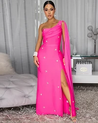Olandria Hot Pink Rhinestones Accent Train Maxi Dress