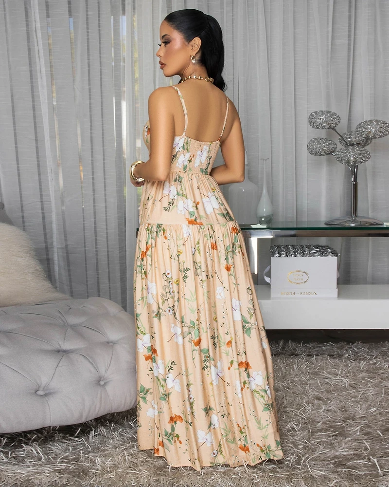 Kaybella Nude Floral Print Tiered Maxi Dress (SHIPS 3/17)