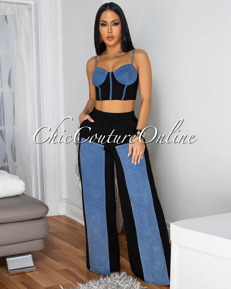 Asher Black Denim Bustier & Wide Legs Pants Set