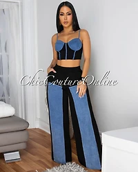 Asher Black Denim Bustier & Wide Legs Pants Set