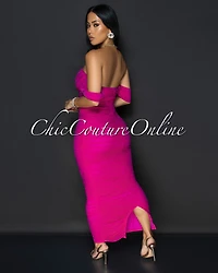 Vella Magenta Mesh Overlay Ruched Off-The Shoulder Dress